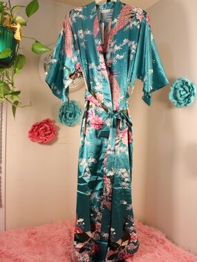 Teal Floral Satin Kimono Robe with Crane Motif